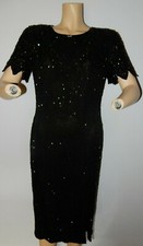 Womens Black Beaded Sequin Silk Cocktail Prom Dress Sz M Open Back Short Sleeve