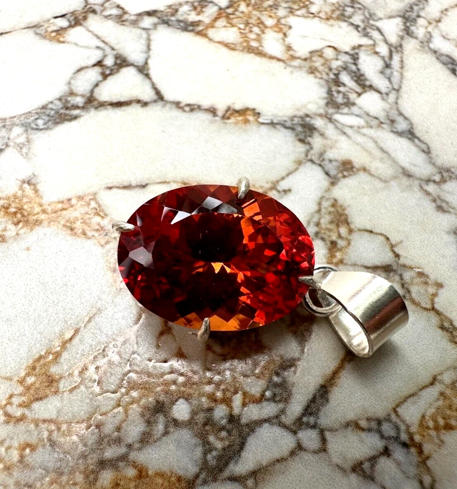 Certified 32 CT Natural Orange Sapphire Loose Gemstone 925 Solid Silver Pendant - Image 2 of 4