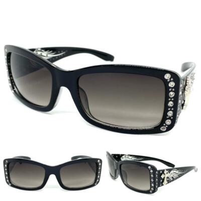 CLASSY Elegant WESTERN Rustic COWGIRL Style SUN GLASSES Black Frame Silver Cross