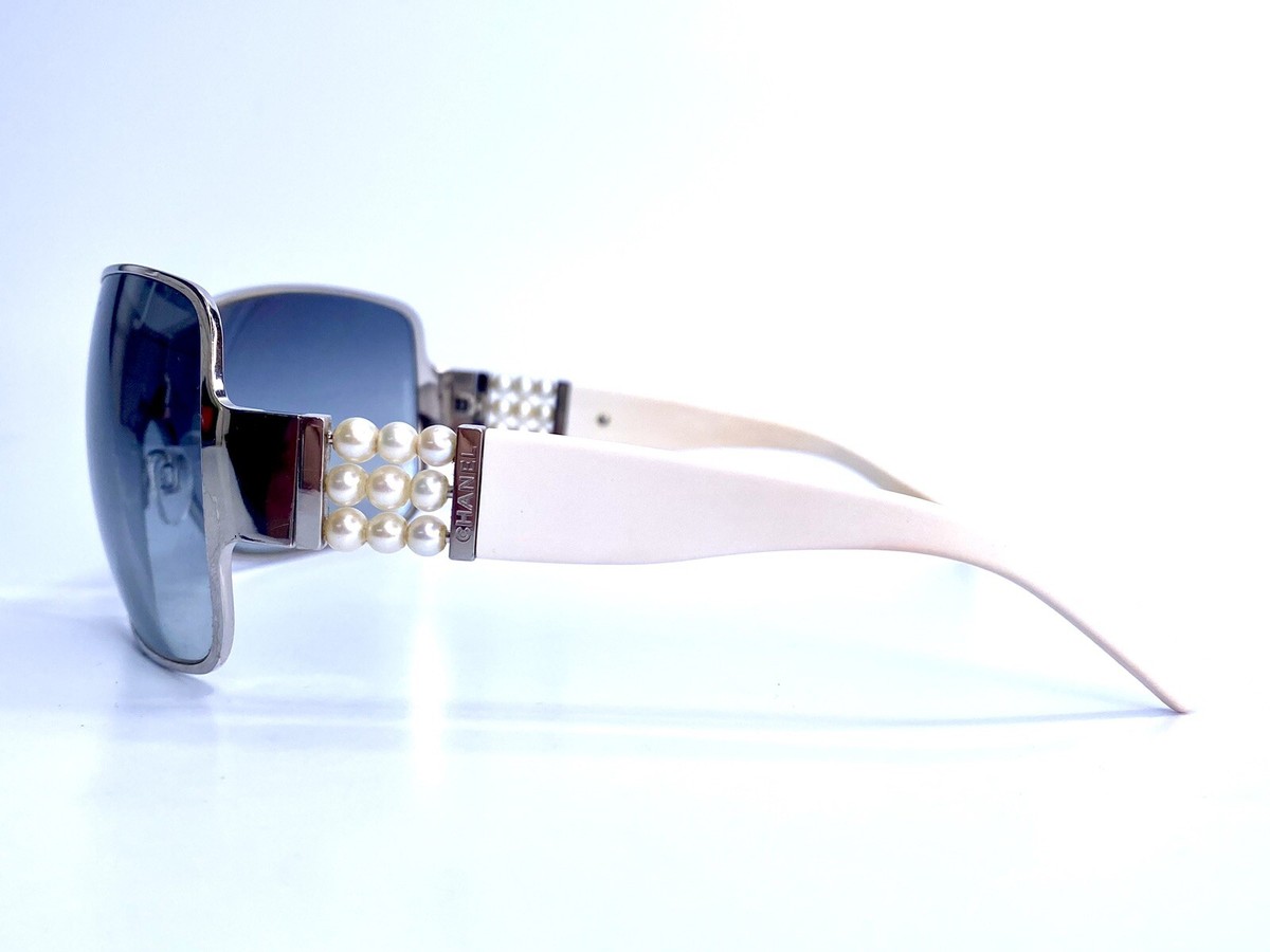 VTG Y2K CHANEL Silver, White Pearl Temples Wrap Sunglasses Made in