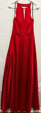 XSCAPE Red Satin Halter V-Neck Formal Gown Dress, Polyester, Made in USA