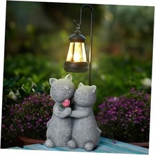 Outdoor Cat Garden Statues with Solar Lantern, Solar Lantern Cat Figurines Gray