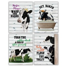 Funny Cow Rustic Bathroom Art Print - Farmhouse Cow Wall Decor Set of 4 8X10...