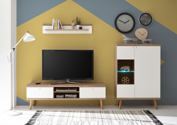Wohnwand Merle Anbauwand 3-Teilig Eiche Riviera Weiß Matt Wohnzimmer 90111956-image