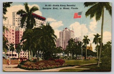 Vintage Linen Postcard Hotels Along Biscayne Blvd Miami Florida 1959