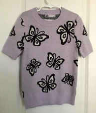 SO-Sz.S-Girl’s Short Sleeve Sweater-Purple &Black Butterflies-Ribbed Edges-Crew 