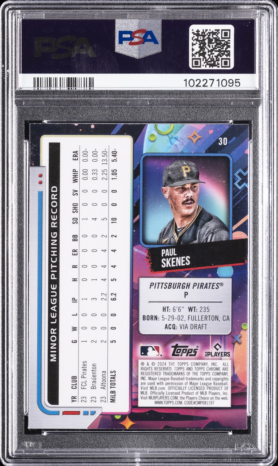 2024 TOPPS COSMIC CHROME NUCLEUS REFRACTOR #30 PAUL SKENES ROOKIE RC PSA 10 view 2