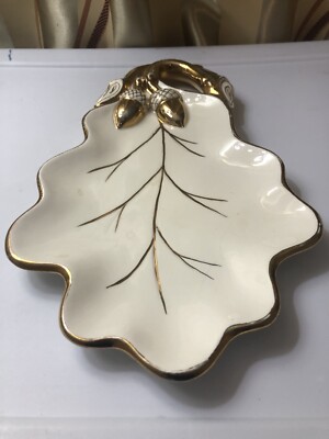 Vintage porcelain 24K gold trim handmade large leaf trinket dish