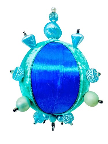 Vintage 70s Blue Satin Push Pin Carved Beads Teal Velvet Chains 2 Boho Ornaments - Picture 2 of 21