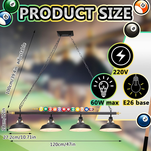 Adjustable Pool Table Lights for 7'-8' Table Billiard Light Hanging Pool Table L - Picture 2 of 6
