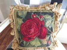So French Country Aubusson style Needlepoint Point Big Red Cabbage Romantic Rose