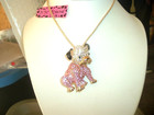 Betsey Johnson PINK WHITE PAVE CRYSTAL GOLD BULL DOG Pendant Necklace NWT