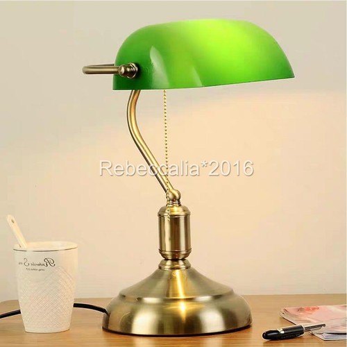 Antique Brass Banker Traditional Desk Lamp Pull Chain Switch Green Glass Light - Picture 6 of 11
