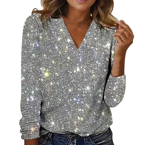 Mujeres Lentejuelas Brillo Cuello en V Prendas para el torso Damas Noche Fiesta Blusa Camiseta Talla - Imagen 7 de 45