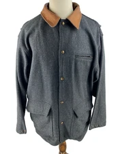 Woolrich Mens XL Charcoal Loden Wool Blend Utility Field Snap Coat Leather Trim