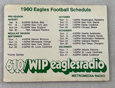 NFL 1980 Philadelphia Eagles Football Schedule Card-610 Radio ...