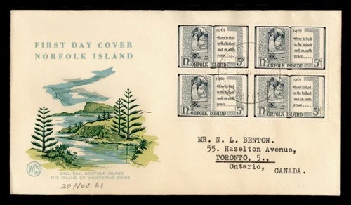 DR WHO 1961 NORFOLK ISLAND FDC BLOCK WSC CACHET TO CANADA M71468