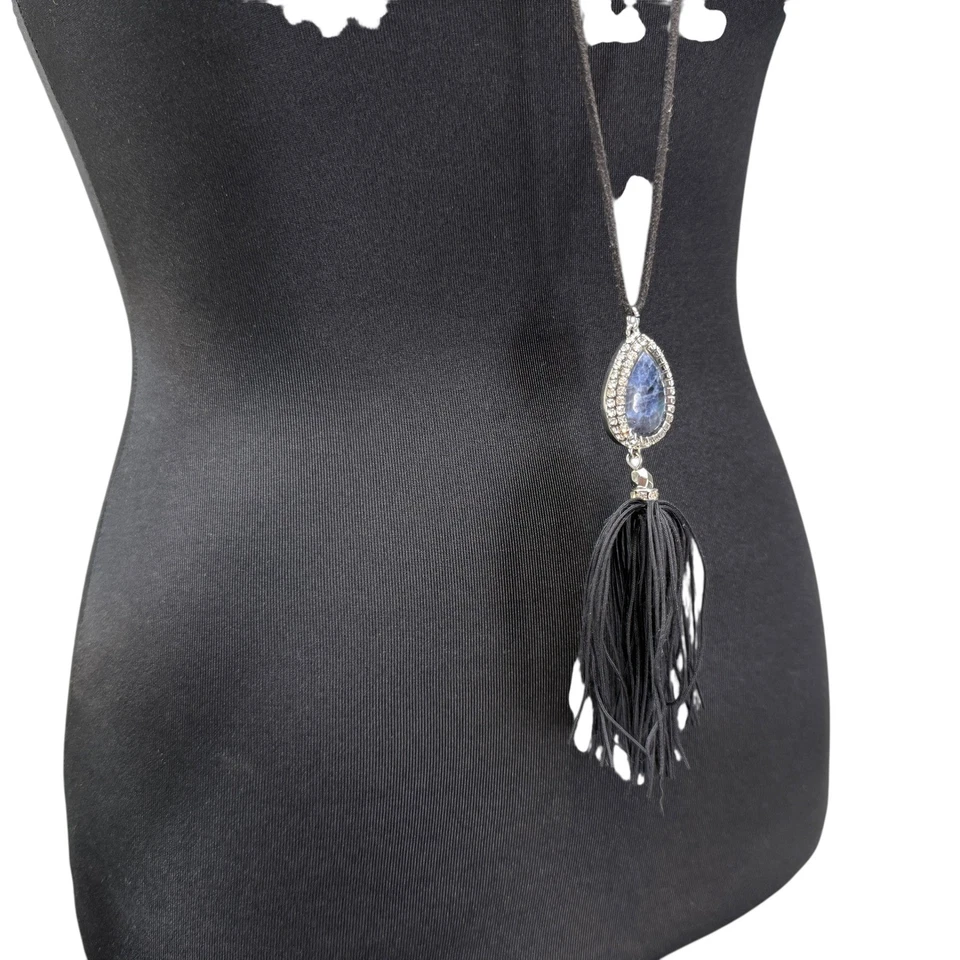 WHBM Colgante Largo y Collar Piedra Azul Lágrima Estrás Borla Cordón Negro Foto 4 de 4
