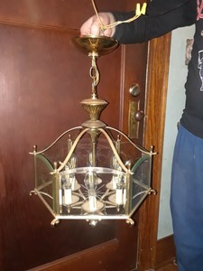 Vintage Large Brass Ceiling Light Fixture Cut Etched Glass Hall