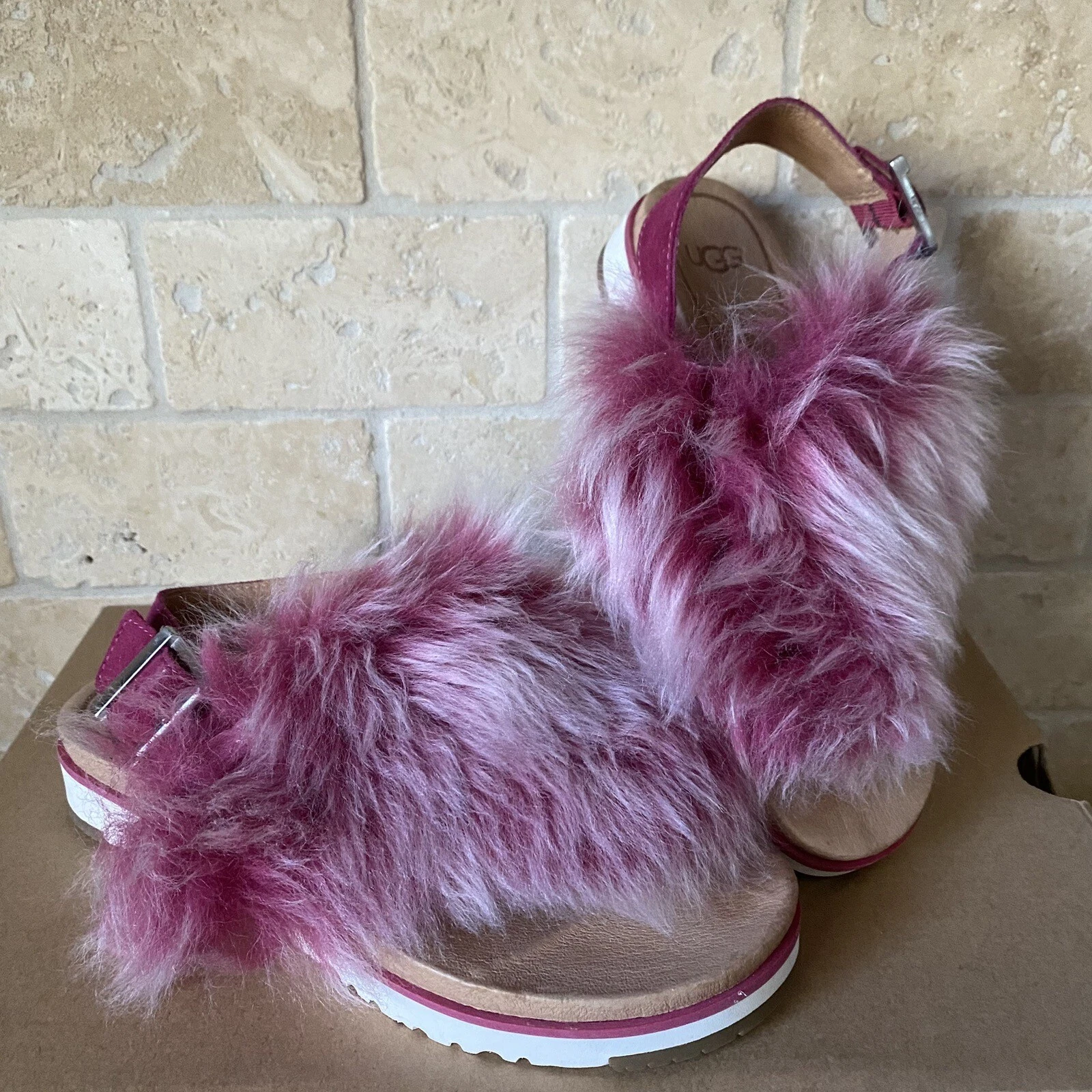 SANDALI CON PERIZOMA UGG HOLLY SOFFICE PELLICCIA CILIEGIA TAGLIA US 5 5 DONNA