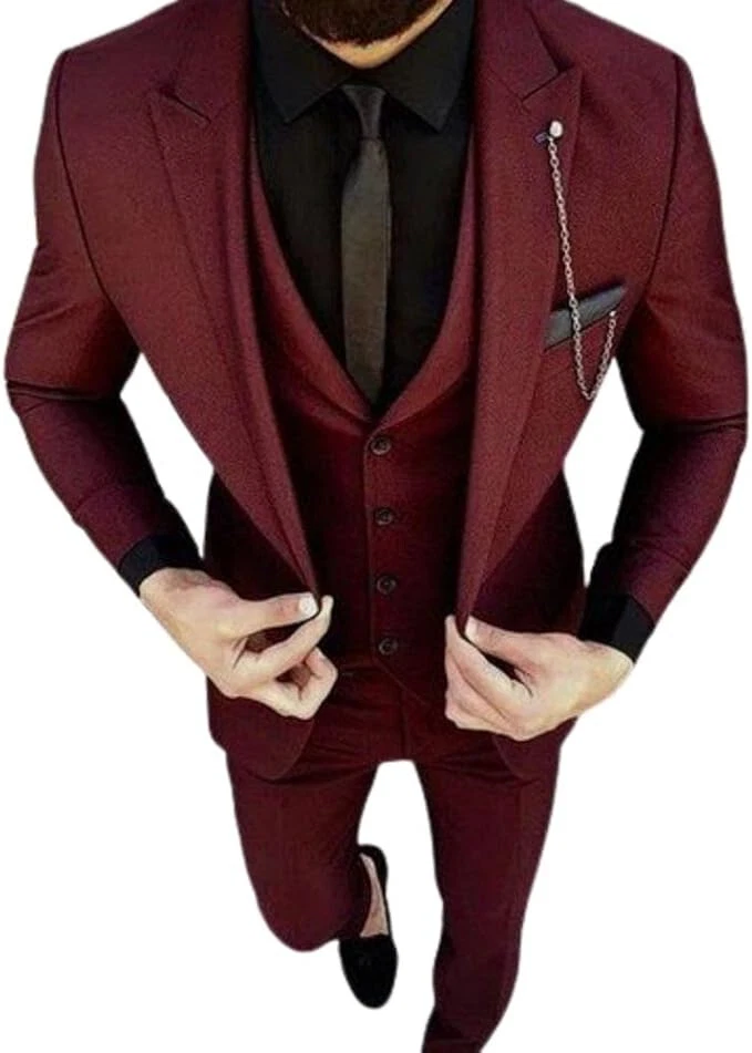 Men's Burgundy 3 Piece Suit Slim fit Wedding Suit Set One Button Casual Bespoke - Image 2 of 4
