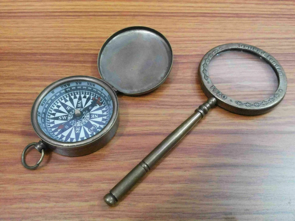 Antique Brass Magnifying Glass With Brass Nautical Lid Compass Collectible Style - Image 2 of 4