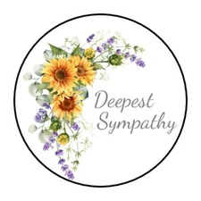 30 DEEPEST SYMPATHY ENVELOPE SEALS LABELS STICKERS 1.5" ROUND SUNFLOWERS FLORAL