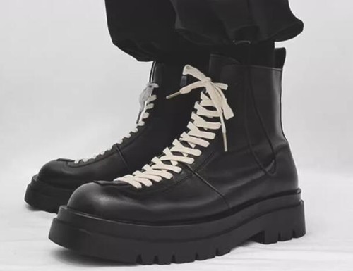 Herren Punk Runde Spitze Schnürung Leder Stiefeletten Plateau Western Reitschuhe - Bild 2 von 9