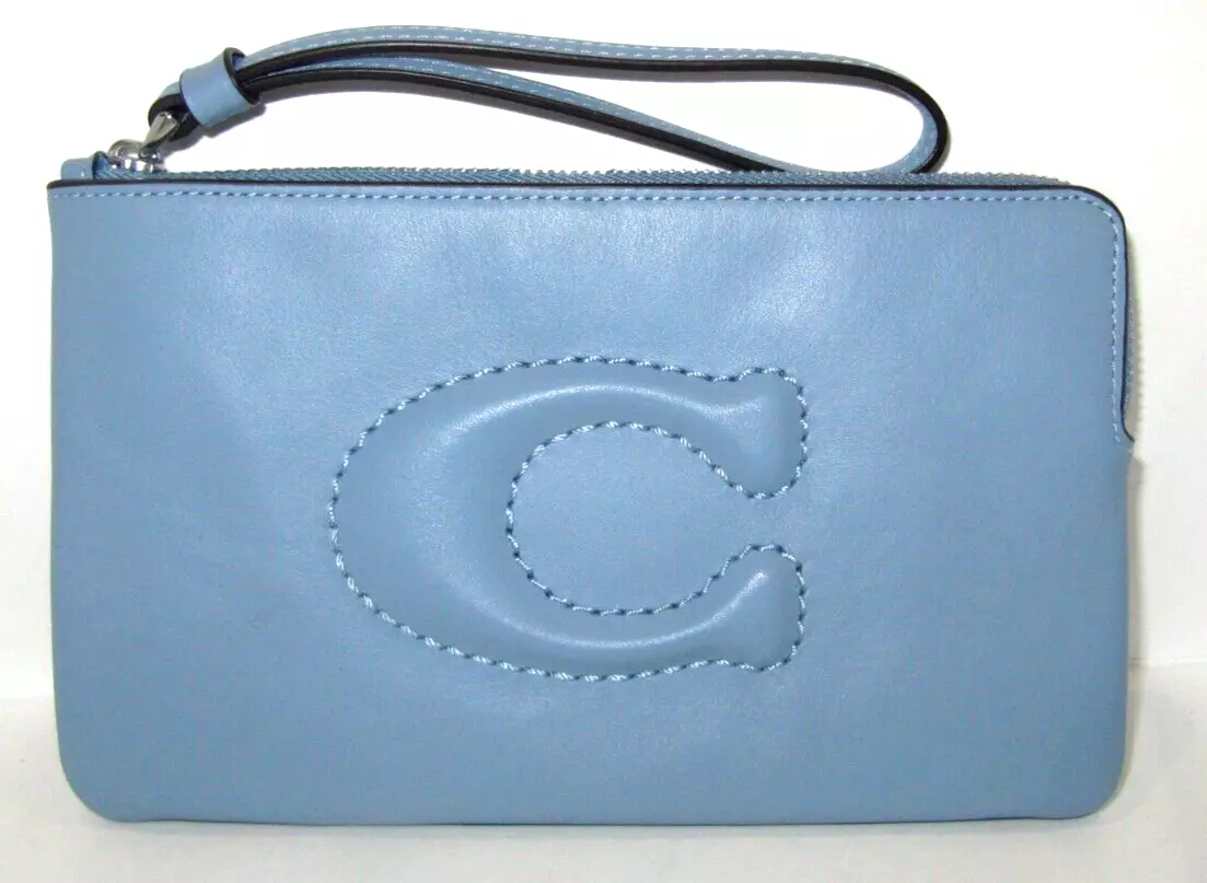 Coach CR392 Large Corner Zip Wristlet Light Blue Smooth Leather 