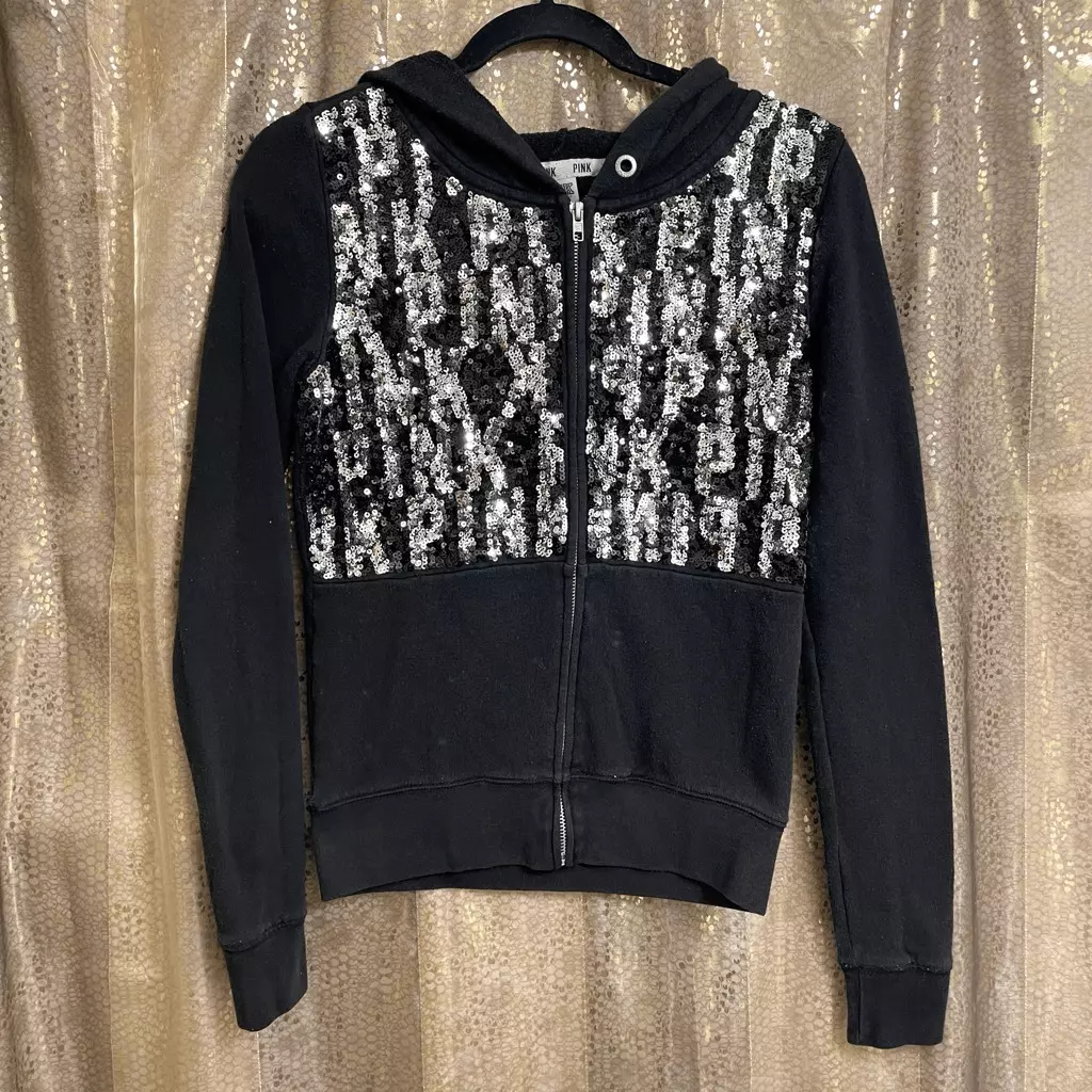 PINK Victorias Secret Black Silver Sequin Bling Full Zip Sweater