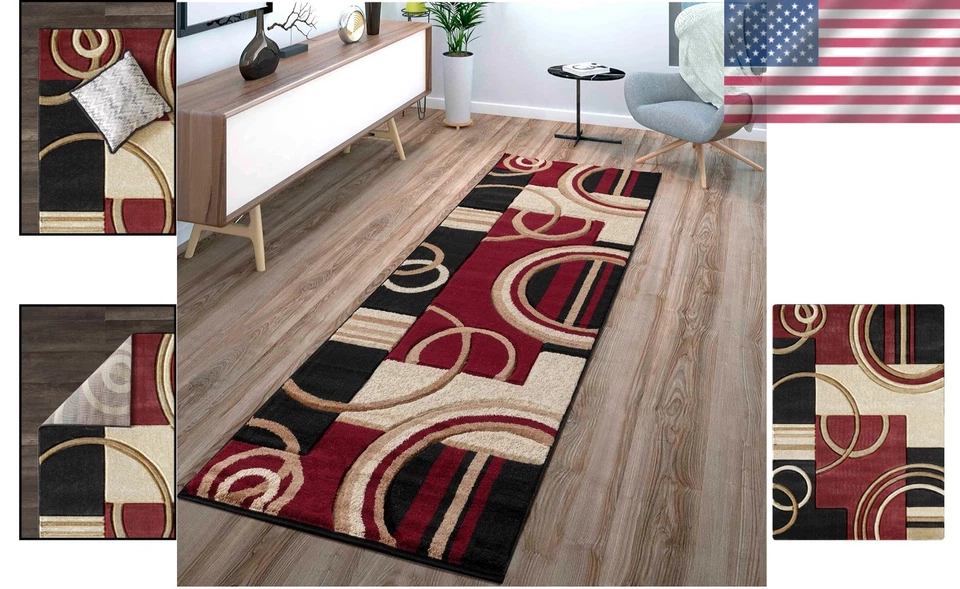 Alfombra moderna 2x7 roja oscura suave tallada a mano cont Foto 2 de 4