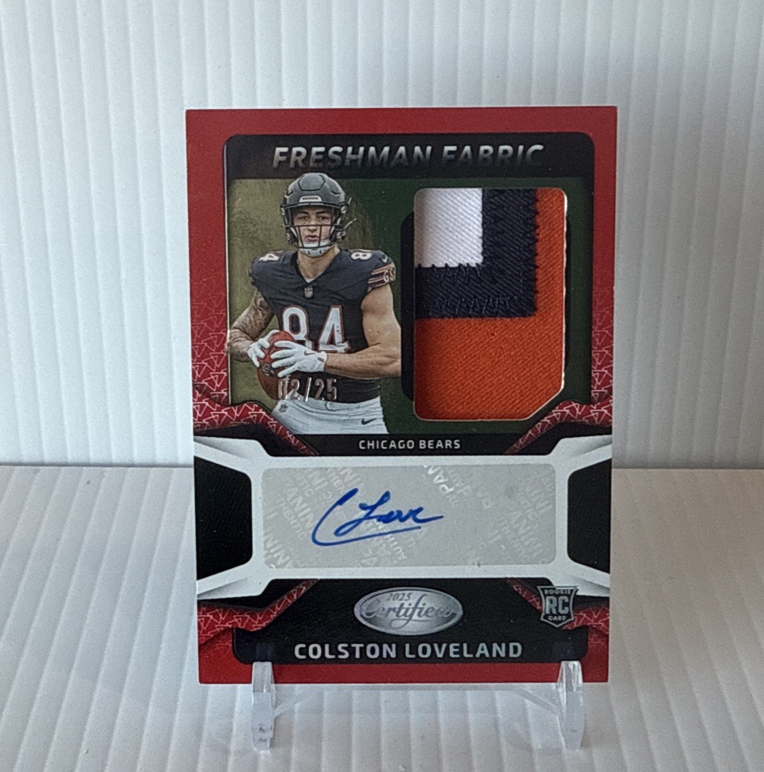 2025 Panini Certified Colston Loveland RPA /25 Red Freshman Fabric Rookie Auto