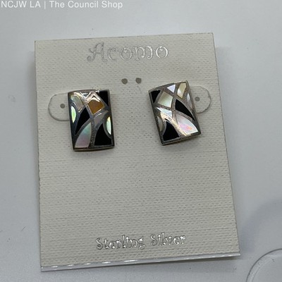 ACOMO Sterling Silver Onyx Abalone Inlay Earrings- 5.97g