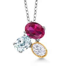 925 Silver and 10K Yellow Gold Created Ruby Aquamarine and White Moissanite