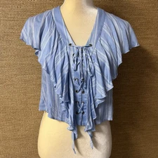 Show Me Your Mumu Top Womens XS Blue Stripe Crop Ruffle Treasure Lace Up Top USA