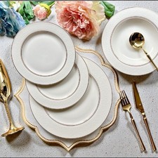 Luxury White and Gold 24 Piece New Bone China 6 Piece Dinnerware Set by Konigtum
