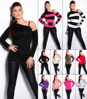 Koucla Damen Shirt Top Langarmshirt One Shoulder Schnürung Milax