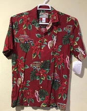 Paradise Found Hawaiian Red Men Shirt Christmas Red Poinsettia Woody USA Sz S B3