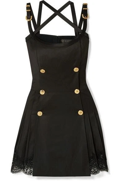 Abito da cocktail Versace Medusa logo bottoni nero pizzo spalline LBD US 0 IT 36