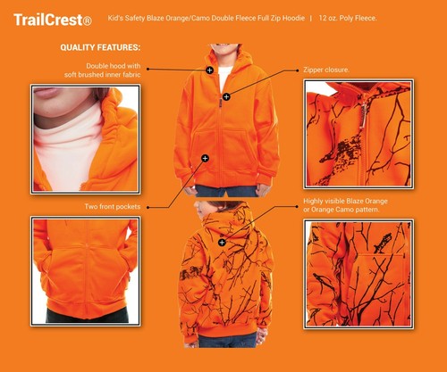 Kid Orange Safety Full Zip Hi Vis Thick Fleece Hooded Sweatshirt Hunting jacket - Picture 11 of 20