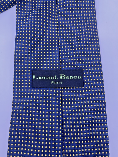 Men's Neck Tie 100% Silk Navy Blue w/ Yellow Polka Dots Vintage Laurent Benon - Picture 6 of 8