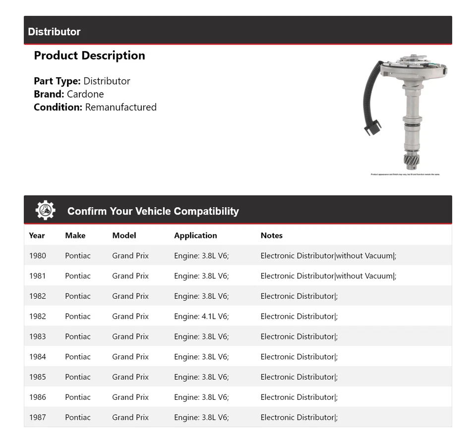 Pontiac Grand Prix 1980-1987 distribuidor Cardone 1981 1982 1983 1984 1985 Foto 2 de 4