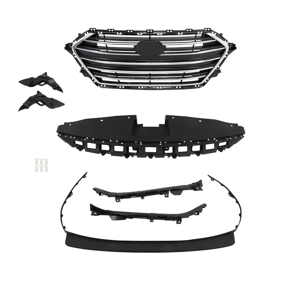 Bumper Grille+Radiator Cover+Bumper Lid+4 Brackets For 2017 2018 Hyundai Elantra