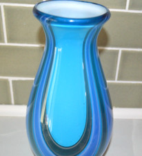 Italian Multi Blue Turquoise stripe Murano Cased Glass Vase