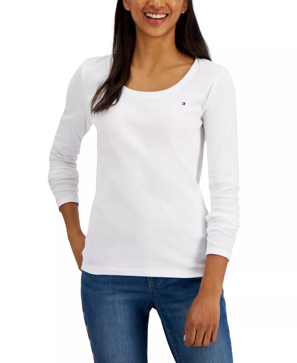 Tommy Hilfiger Women's XL Bright White Solid Scoop Neck Long