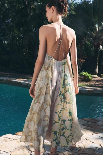 Abito lungo donna 2025 primavera stampa fiori patchwork bretelle beige - Foto 6 di 16