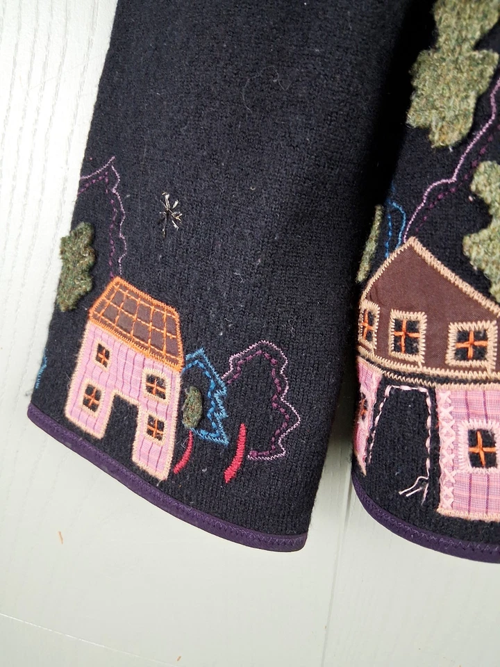 Vintage Starry Night Village Cardigan Sweater Womens XL Boiled Wool Artsy Flawed - Image 4 of 4