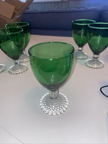 Vintage Anchor Hocking Forest Green BUBBLE Glass Goblets Set of 6