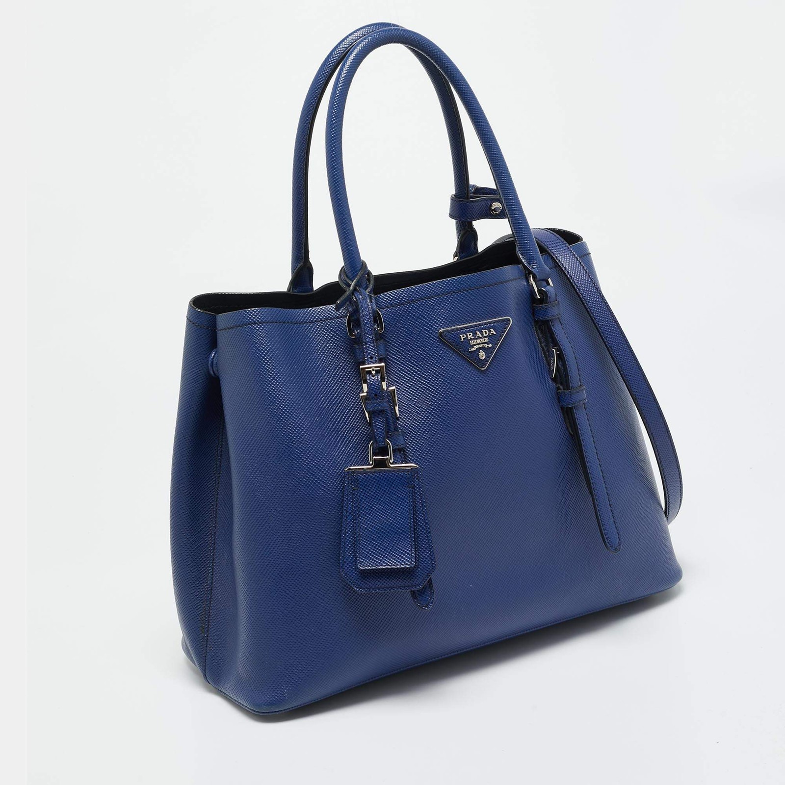 Prada Double Handle Medium Blue Saffiano Cuir Leather Tote thumbnail 3