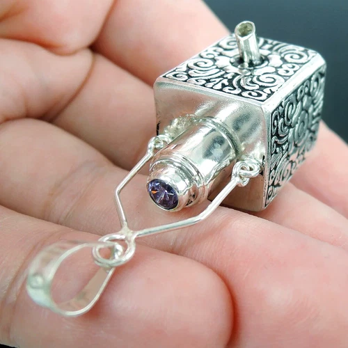 925 Sterling Silver Purple Cubic Zirconia Prayer Locket Ash Box Pendant Jewelry